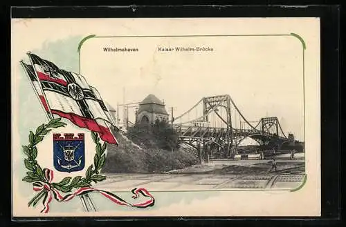 AK Wilhelmshaven, Kasier Wilhelm-Brücke u. Wappen mit Fahnen