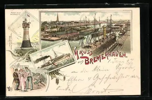 Lithographie Bremerhaven, Hafen, Roter Sand-Leuchtturm, Najade