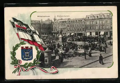 AK Wilhelmshaven, Bismarckplatz mit Denkmal, Fahnen und Wappen