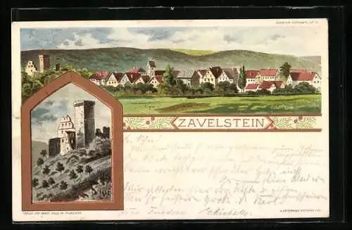 Lithographie Zavelstein, Teilansicht, Ruine