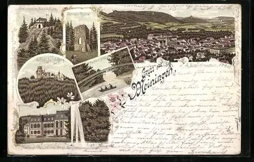 Lithographie Meiningen, Schloss Landsberg, Bielstein mit Aussichthütte, Donops-Ruine