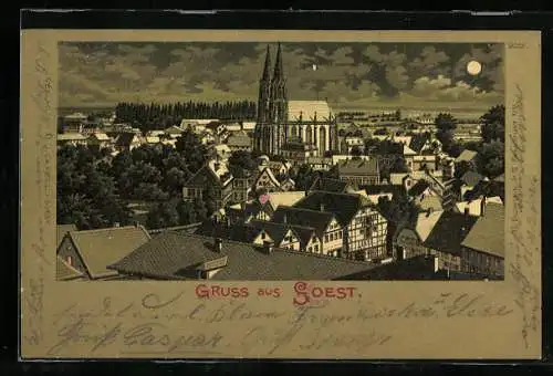 Lithographie Soest, Ortspanorama mit Kirche