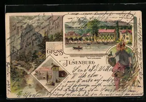 Lithographie Ilsenburg, Hotel Zur rote Forelle, Hübsche Frau mit Lyra, Ortsansicht