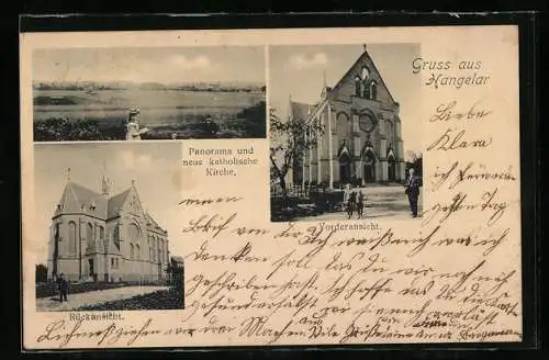 AK Hangelar, Panorama und neue katholische Kirche, Vorderansicht, Rückansicht