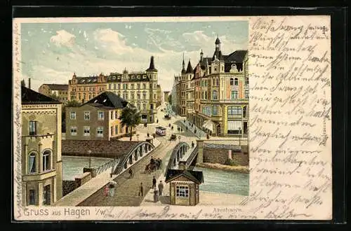 Lithographie Hagen i. W., Strassenpartie mit Brücke am Altenhagen
