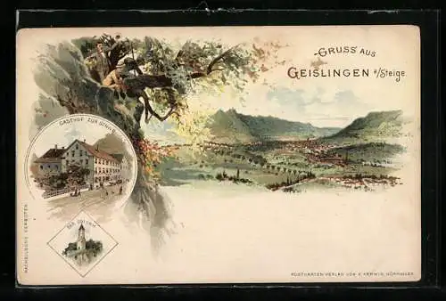Lithographie Geislingen /Steige, Gesamtansicht mit Umgebung aus der Vogelschau, Gasthaus zur Sonne mit Strasse