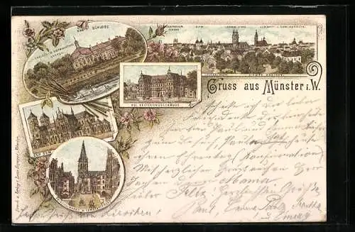 Lithographie Münster i. W., Schloss und Botanischer Garten, Prinzipalmarkt, Teilansicht