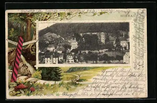 Passepartout-Lithographie Hirsau, Teilansicht, Waldpartie mit Wegweiser