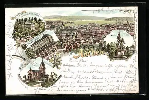 Lithographie Aachen, Gasthaus Belvedere auf dem Lousberg, Kriegerdenkmal, Teilansicht