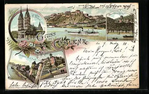 Lithographie Coblenz, Fort Constantin, Alte Häuser an der Mosel, Festung Ehrenbreitstein