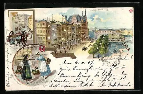 Lithographie Hamburg-Neustadt, Menschen auf dem Jungfernstieg, Milchkarren und Vierländerin