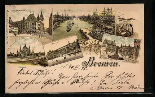 Lithographie Bremen, Gerichtsgebäude, Bahnhof, Freihafen