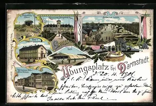 Lithographie Darmstadt, Übungsplatz, Preussisches Stabsgebäude, Württemberger Stabs- und Offizier-Gebäude