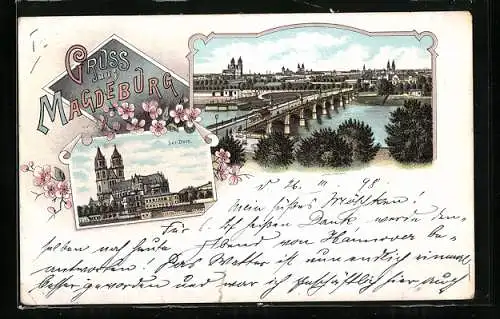 Lithographie Magdeburg, Dom, Brücke mit Stadtpanorama