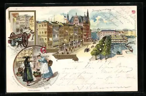 Lithographie Hamburg-Neustadt, Menschen auf dem Jungfernstieg, Milchkarren und Vierländerin