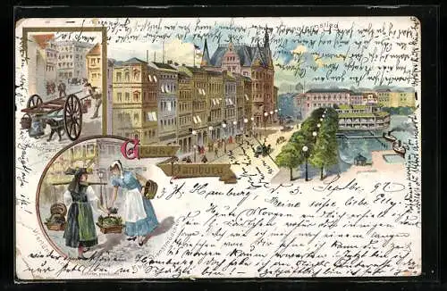 Lithographie Hamburg-Neustadt, Menschen auf dem Jungfernstieg, Milchkarren und Vierländerin