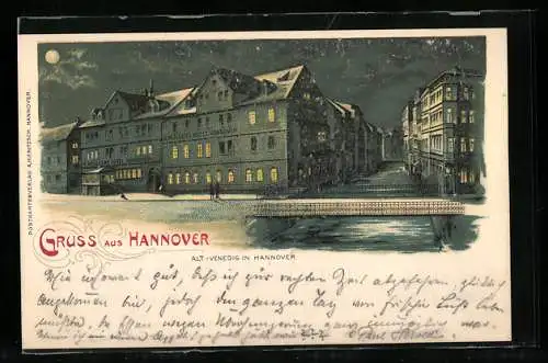 Mondschein-Lithographie Hannover, Alt-Venedig mit A. Müllers Hotel, Brücke