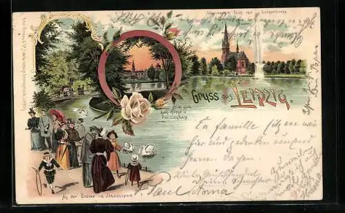 Lithographie Leipzig, An der Brücke im Johannespark, Kath. Kirche und Pleissenburg