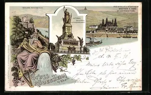 Lithographie Rüdesheim /Rh., Niederwald-Denkmal, Rheinansicht mit Vater Rhein und Gaststätte Rheinhalle V. Roos