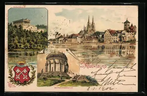 Künstler-AK Erwin Spindler: Regensburg, Walhalla, Befreiungshalle, Wappen