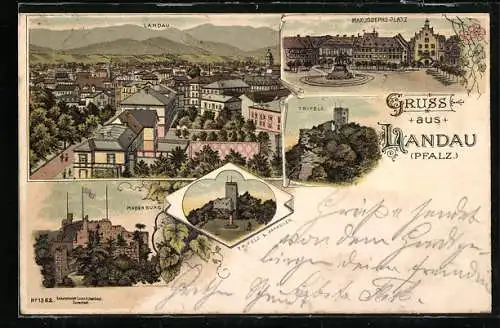 Lithographie Landau /Pfalz, Max-Josephs-Platz, Madenburg, Ortsansicht