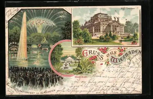 Lithographie Wiesbaden, Königliches Theater, Gartenfest im Kurgarten mit Feuerwerk, Kurhaus