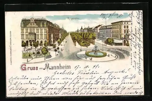 Lithographie Mannheim, Ringstrasse mit Zierbrunnen und Mittelpromenade