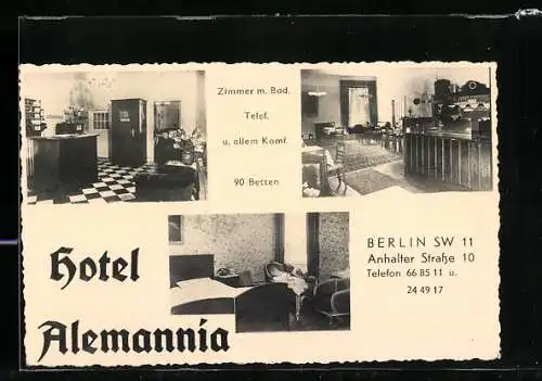 AK Berlin-Kreuzberg, Hotel Alemannia, Anhalter Str. 10, Innenansichten
