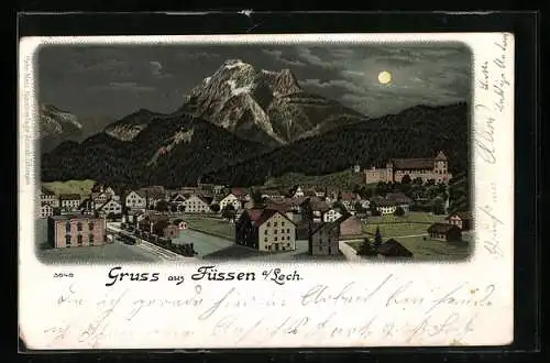 Mondschein-Lithographie Füssen a. Lech, Ortsansicht mit Gipfelblick aus der Vogelschau