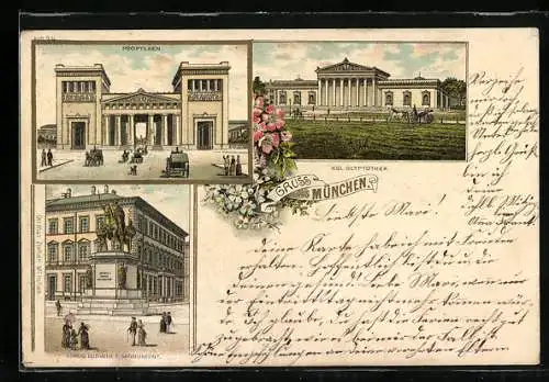 Lithographie München, Propyläen, Glyptothek, Denkmal König Ludwig