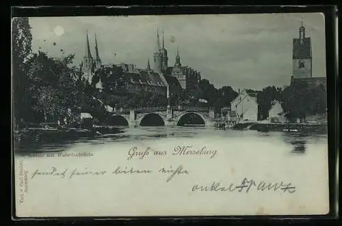 Mondschein-AK Merseburg, Schloss mit Waterloobrücke