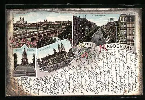 Lithographie Magdeburg, Krieger-Denkmal, Alter Markt, Kaiserstrasse, Totalansicht