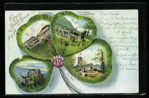 Passepartout-Lithographie Baden-Baden, Konversationshaus, Altes Schloss, Ruine Yburg, Kleeblatt