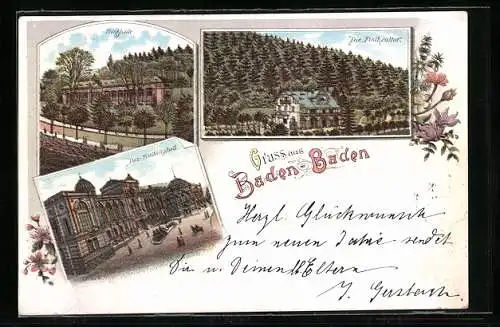 Lithographie Baden-Baden, Blick auf Fischcultur, Trinkhalle und Friedrichsbad