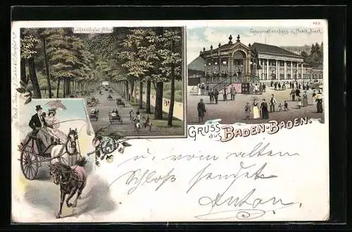 Lithographie Baden-Baden, Konversationshaus u. Musikkiosk, Lichtentaler Allee