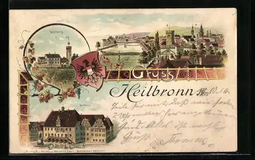 Lithographie Heilbronn, Teilansicht, Wartberg, Rathaus