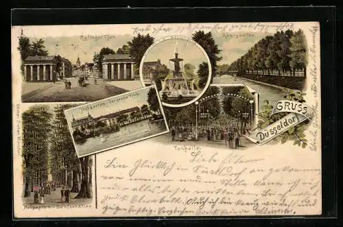 Lithographie Düsseldorf, Ratinger Thor, Seufzerallee und grosser Teich im Hofgaren, Königsallee und Tonhalle