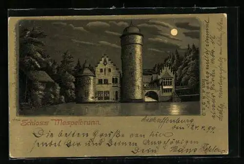 Mondschein-Lithographie Mespelbrunn, Uferpartie mit Turm