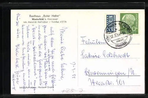 AK Westerfeld b. Hannover, Rasthaus Roter Hahn, Inh. Heinrich Hofrichter