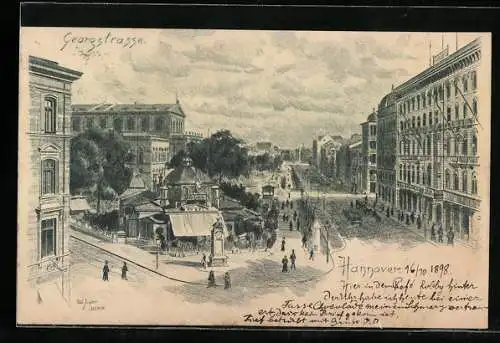 Lithographie Hannover, Georgstrasse mit Cafe Kröpcke