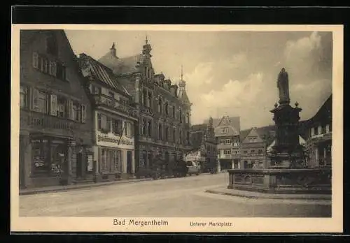 AK Bad Mergentheim, Unterer Marktplatz mit Geschäften und Brunnen