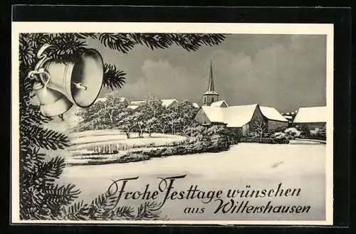 AK Wittershausen /Bad Kissingen, Blick zur Kirche, Tanne mit Glocken, Festtagsgruss