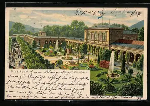Lithographie Kissingen, Conservationshaus mit Park und Springbrunnen