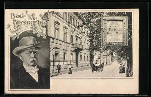 AK Bad-Kissingen, Strassenpartie und Portrait von Bismarck