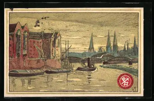 Künstler-AK Bremen, Jahrestagung des Ev. Verbandes für die weibliche Jugend Deutschlands 1925, Uferpartie mit Kirche