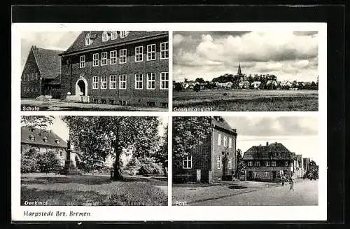 AK Harpstedt /Bez. Bremen, Schule, Post, Denkmal