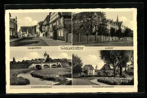 AK Salzkotten, Langestrasse, Kloster, Eisenbahnbrücke, Bahnhofsanlagen