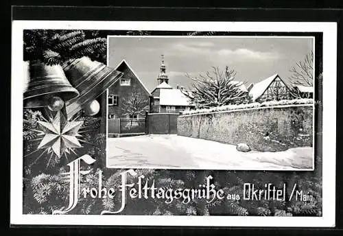 AK Okriftel /Main, Ortspartie mit Kirche im Schnee, Glocken mit Stern, Festtagsgruss