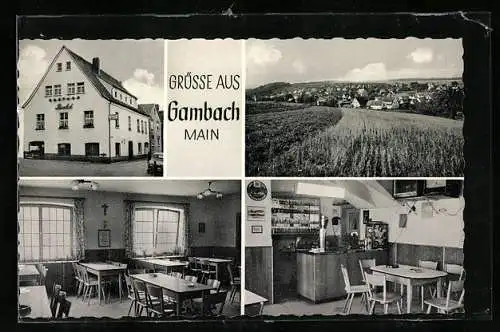 AK Gambach am Main, Gasthaus-Pension Zum weissen Lamm, Innenansichten Theke und Gastraum