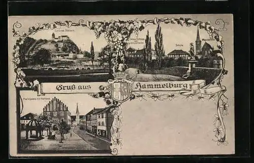 AK Hammelburg, Marktplatz mit Rathaus, Schloss Saaleck, Altes Schloss mit Winzerkeller, Schule und Pfarrkirche